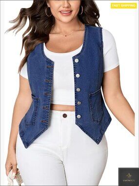 Cropped Denim Vest Sleeveless Button Down Waistcoat Jean Top Plus Size Y2K